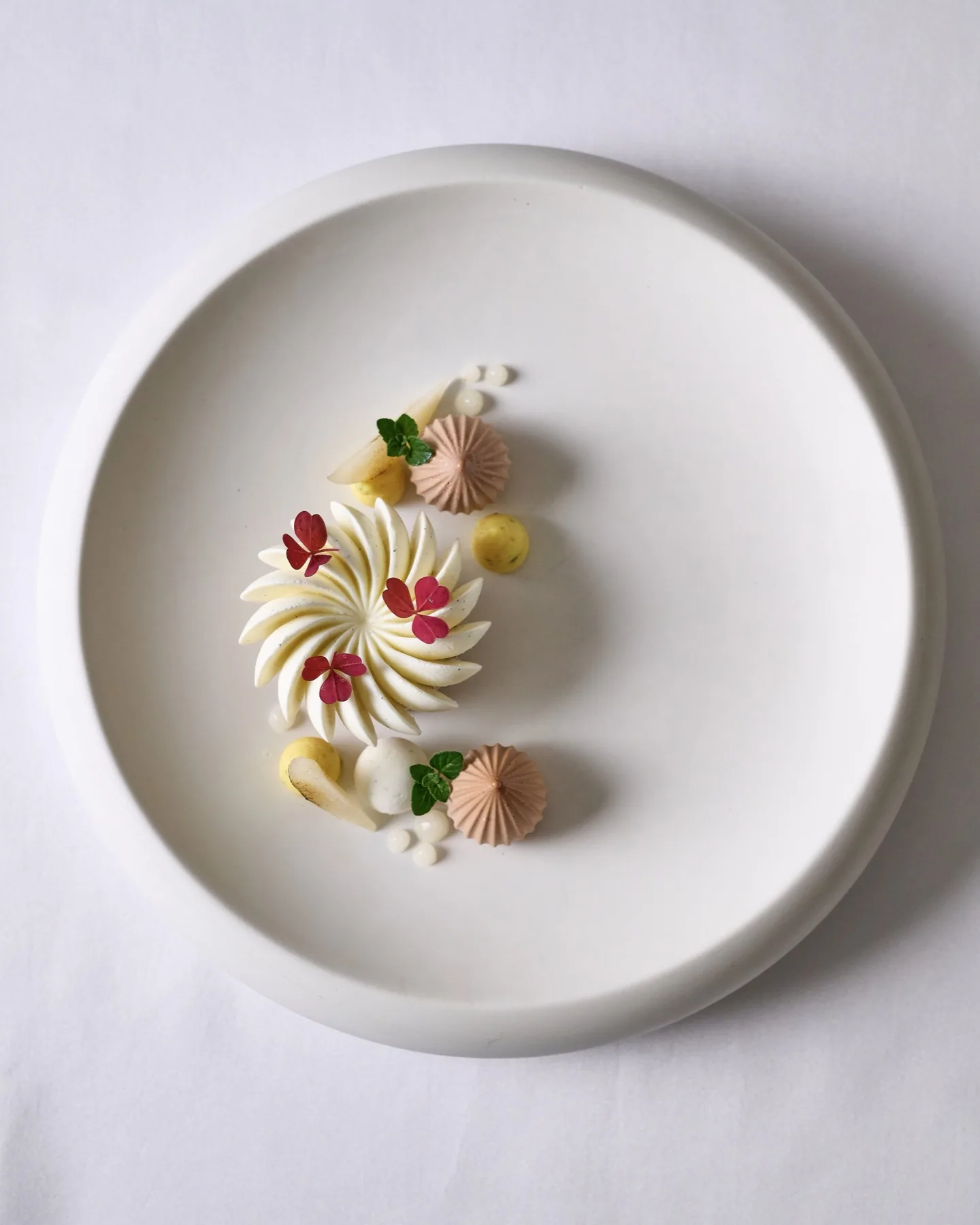 Assiette garnie de rosaces claires et de touches rouges à Villa Marie
