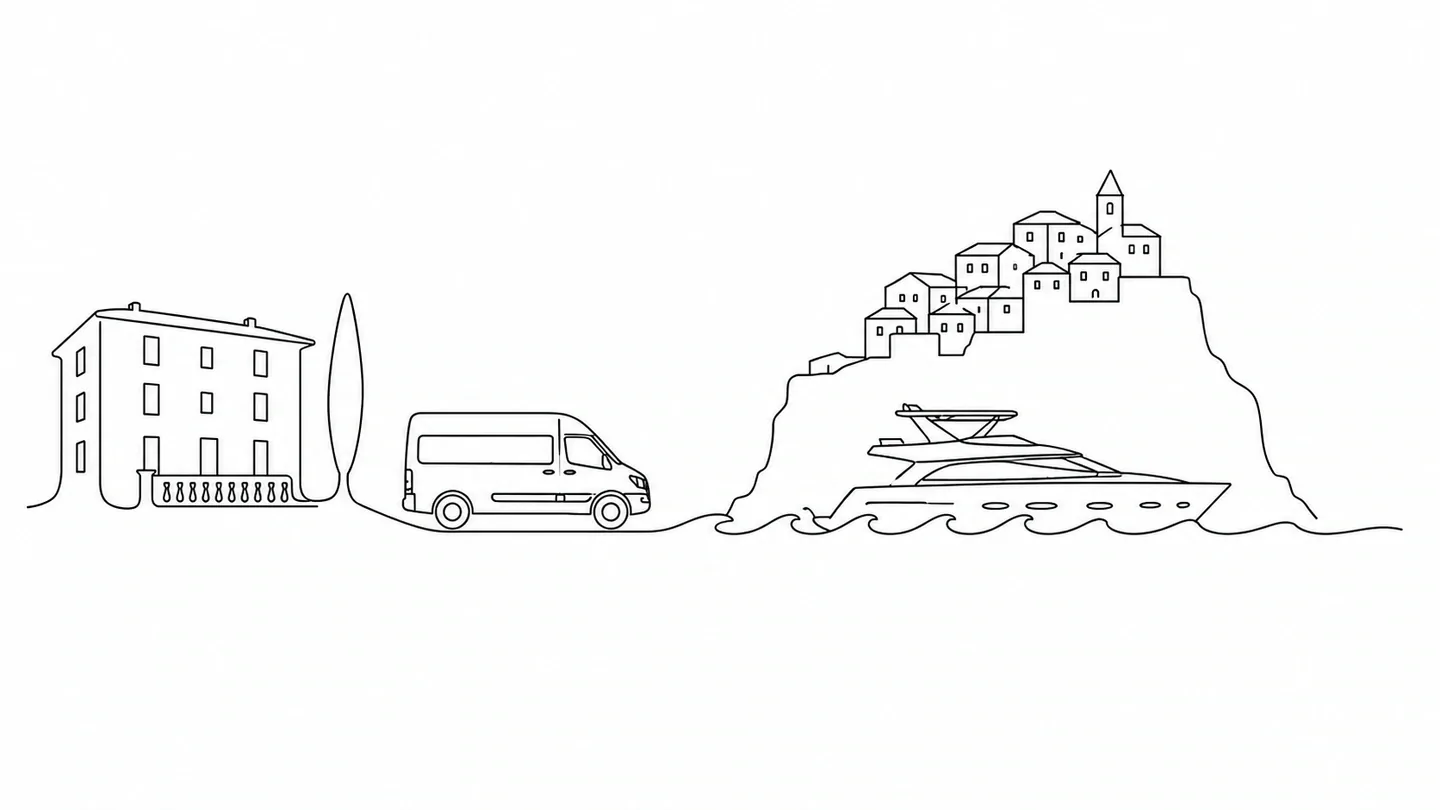 Illustration du trajet de Villa Marie aux Cinque Terre en minibus privé et en yacht