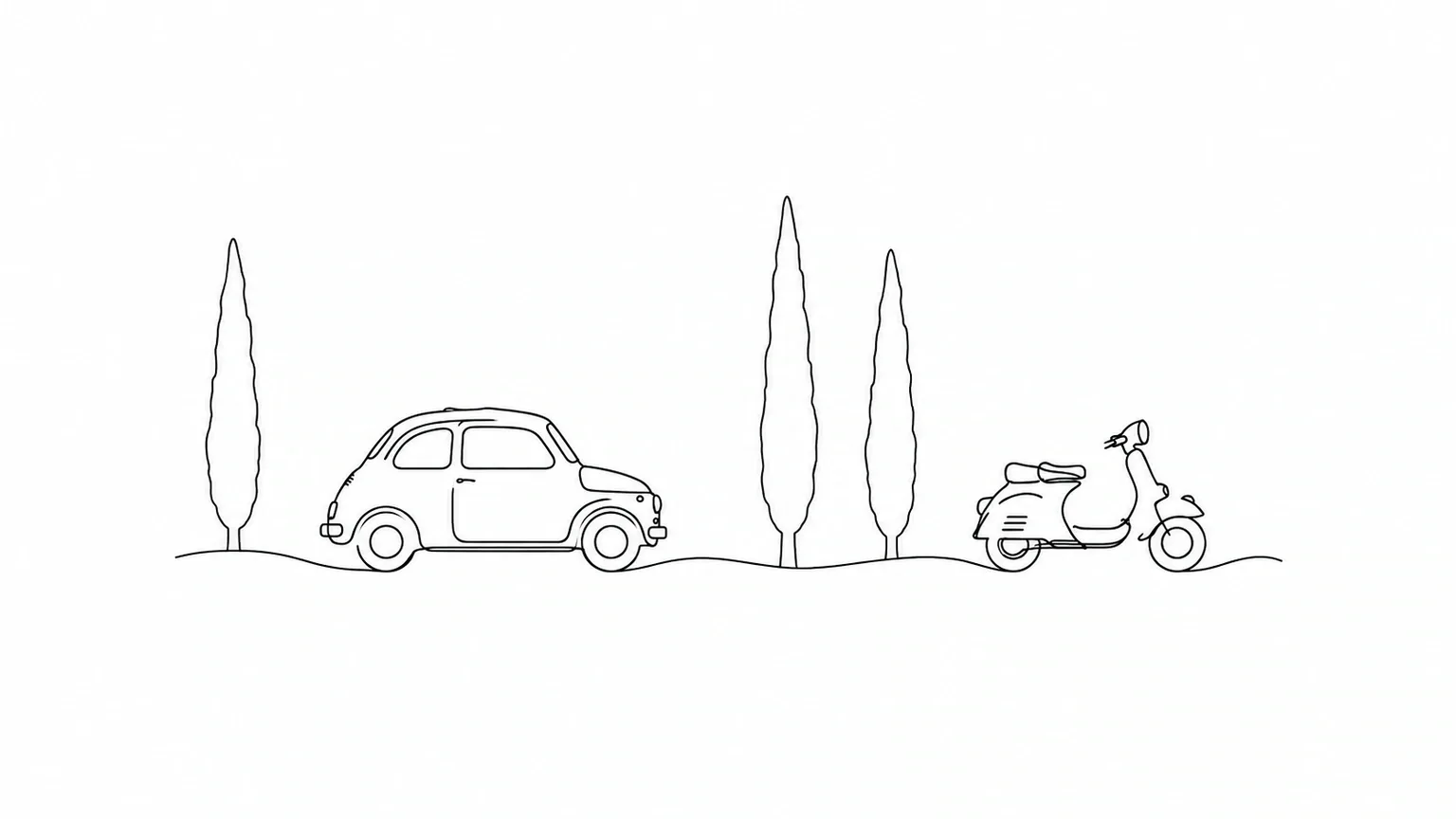Dessin au trait d’une Fiat 500 et d’une Vespa parmi les cyprès