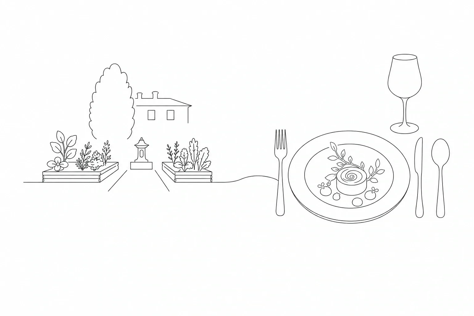 Dessin au trait reliant un potager à une assiette de pâtes et à un verre de vin