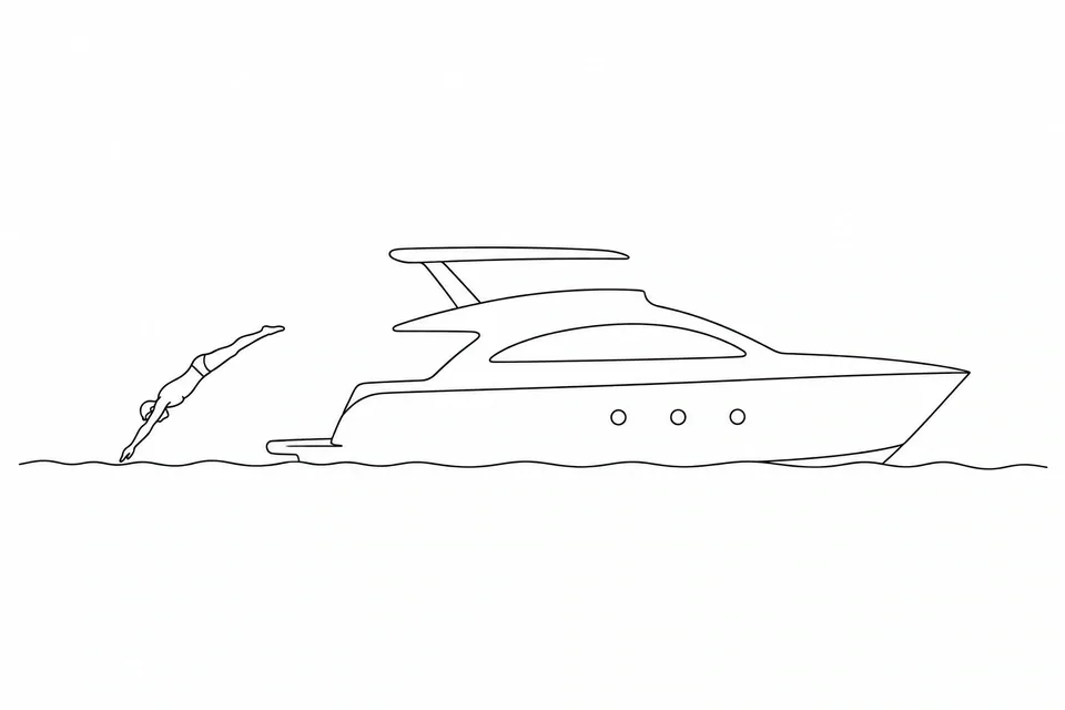 Dessin au trait d’un yacht et d’un plongeur entrant dans la mer