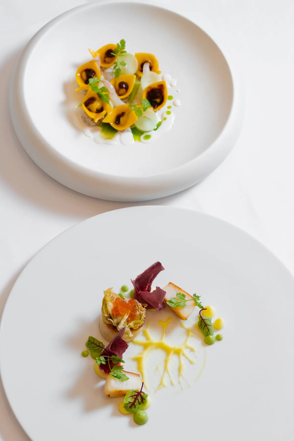 Deux assiettes du menu dégustation de Villa Marie, dont une aux pâtes farcies