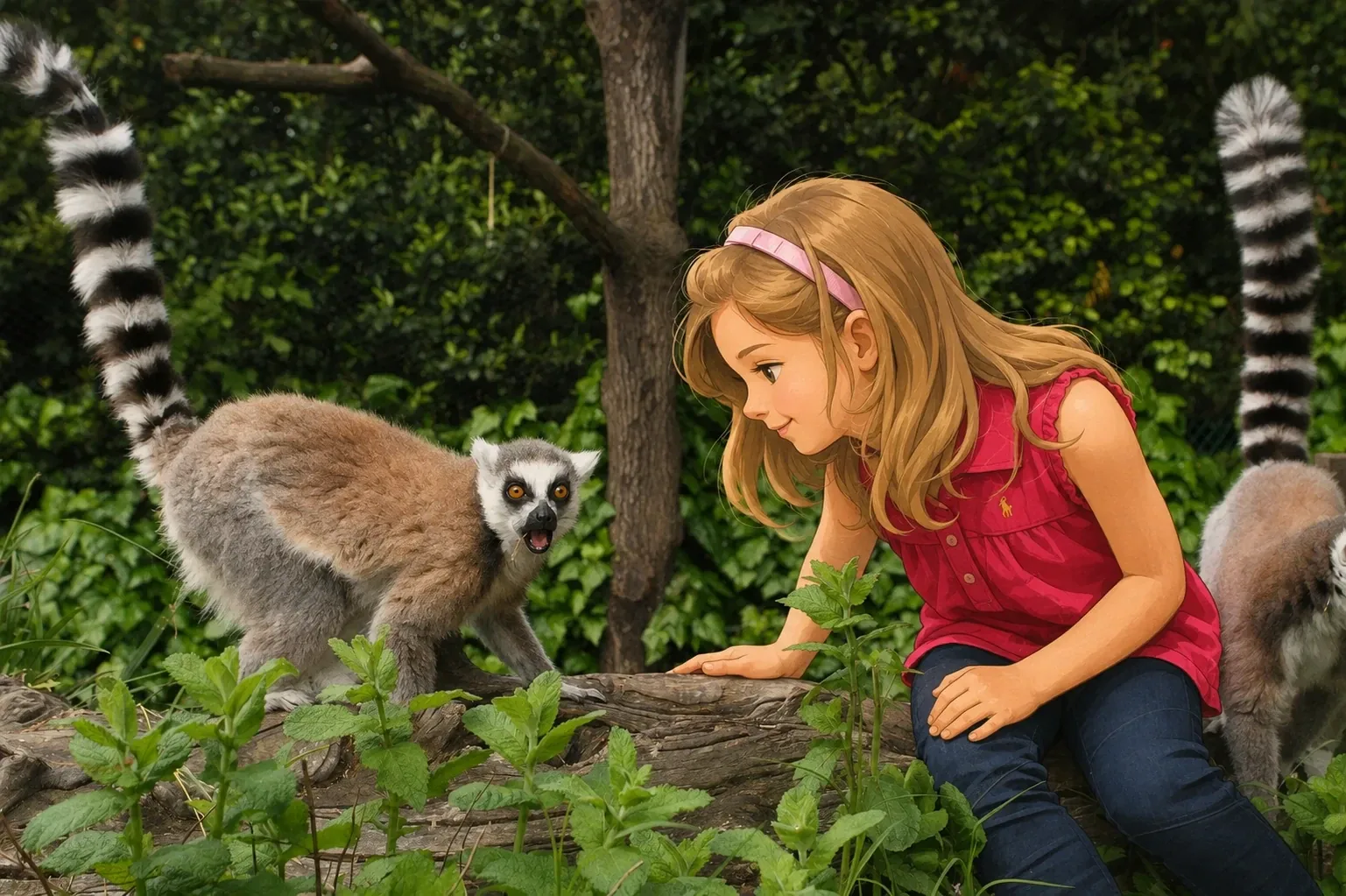 Illustration d’un enfant observant des lémuriens