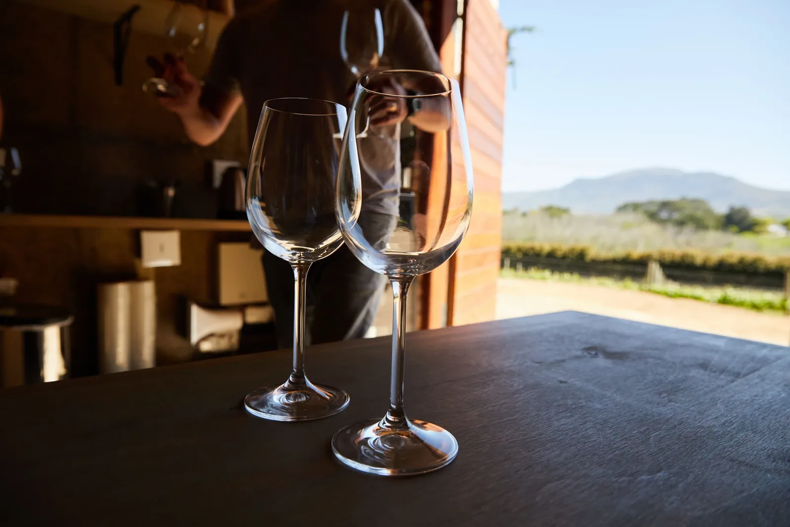 Verres à vin préparés pour une dégustation face à un vignoble