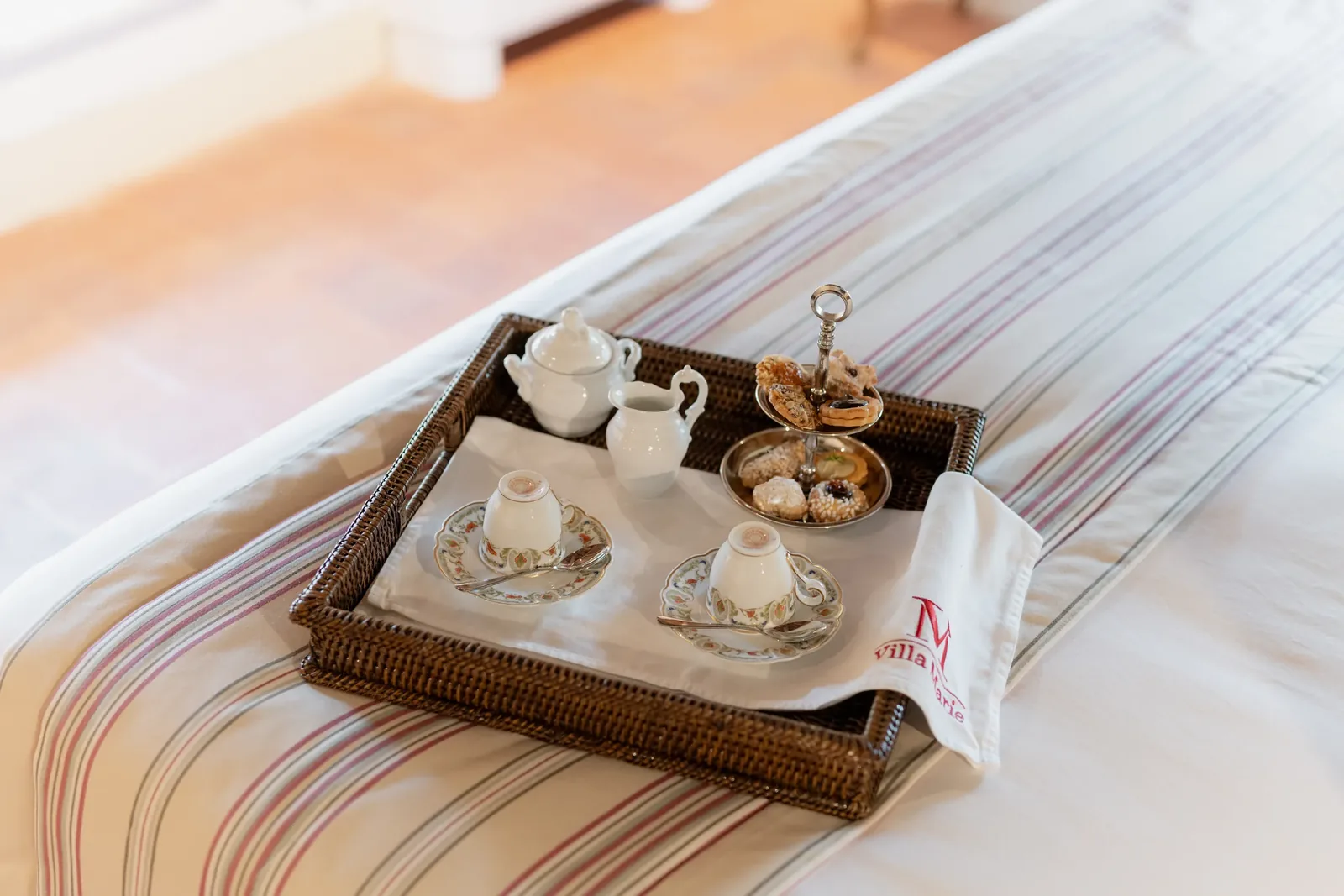 Breakfast tray detail in the Green Room at Villa Marie