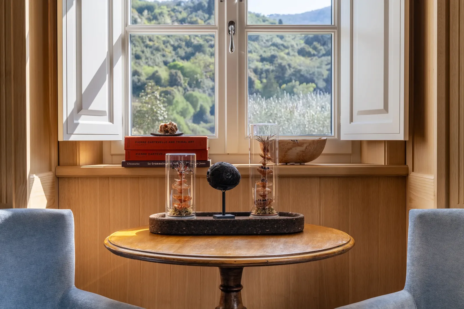 Library window and reading table at Villa Marie in Tuscany
